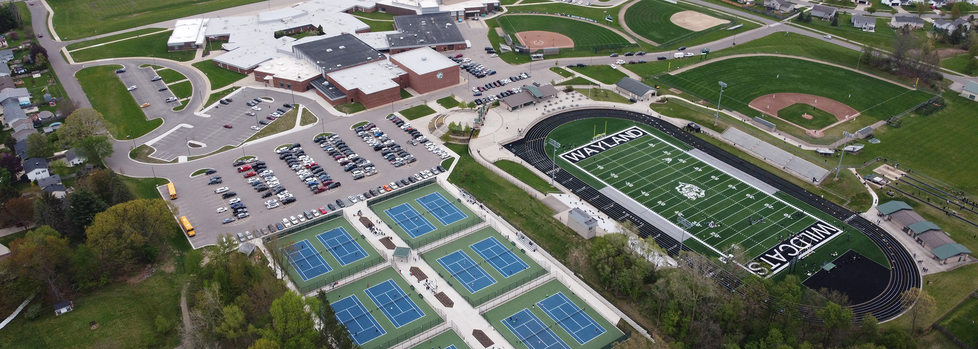Ariel view of high school and stadium